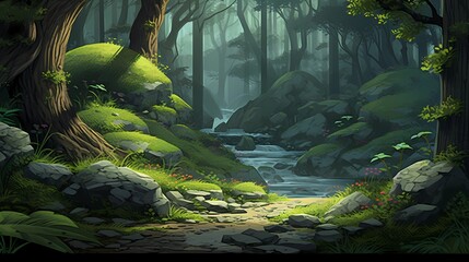 The River Bank with Flowers and Trees.Deep Forest. Video Game's Digital CG Artwork, Concept Illustration, Realistic Cartoon Style Background. Fantasy Backdrop.Generative AI.
- 635860782