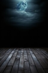 halloween dark night scene with full moon and wood stage for product placement mockup