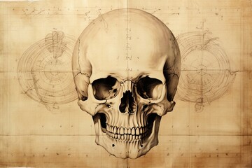 Human skull drawing sketch. Anatomy and medical concept. Poster, artwork design. Generative Ai