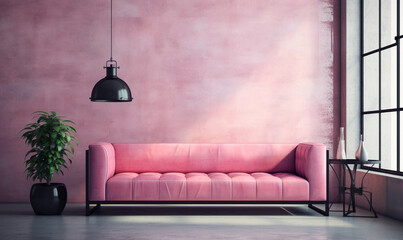 gemütliches pinkfarbenes Sofa vor rosa Wand im modernen Loft