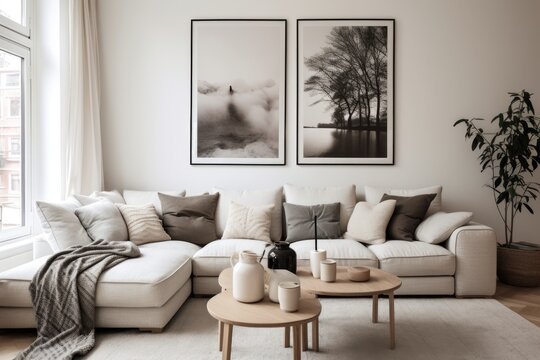 Create a contemporary a poster frame in a Scandinavian style living room.