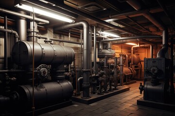 Fototapeta na wymiar Boiler room with gas boilers and equipment.