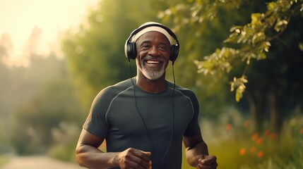 Happy black man running in park with music, smile and mockup in nature, garden and workout