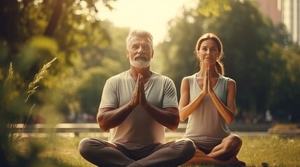 Yoga at park. Senior family couple exercising outdoors. Concept of healthy lifestyle