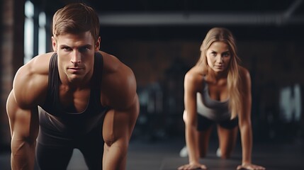 Young couple is working out at gym. Attractive woman and handsome muscular man are training in light modern gym