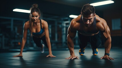 Young couple is working out at gym. Attractive woman and handsome muscular man are training in light modern gym