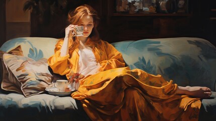Young sick woman sitting on sofa drinking tea - obrazy, fototapety, plakaty