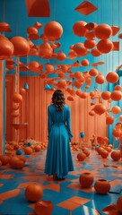 A woman in a blue dress surrounded by vibrant orange balls in a playful room