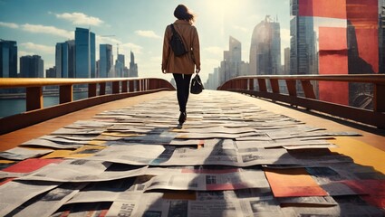 A woman walking across a newspaper-covered bridge