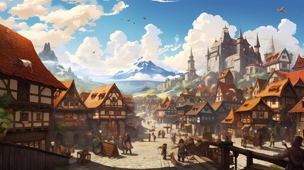 Fairy Tale Town.Europe town street. Fiction Backdrop. Concept Art. Realistic Illustration. Video Game Digital CG Artwork. Industry Scenery.Concept Art Scenery. Book Illustration. Generative AI
- 635862731