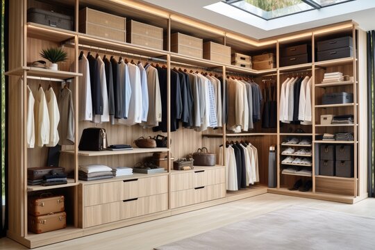contemporary wooden wardrobe with clothes on rail in walk in closet design.