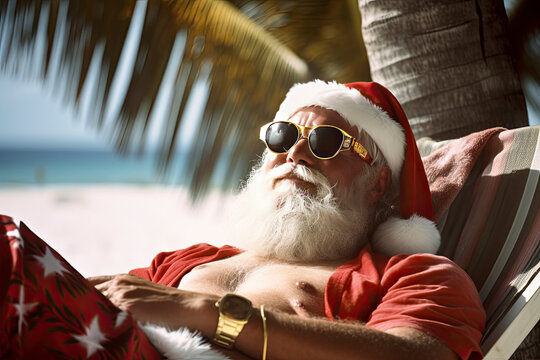 Image generated with AI. Santa Claus taking a well-deserved vacation in the Caribbean