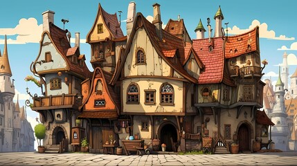 Fairy Tale Town.Europe town street. Fiction Backdrop. Concept Art. Realistic Illustration. Video Game Digital CG Artwork. Industry Scenery.Concept Art Scenery. Book Illustration. Generative AI
