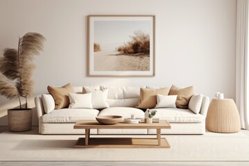 Fototapeta na wymiar Scandinavian style living space featuring rattan table, white sofa, and pampas on beige background. Minimalistic interior, digital visualization.