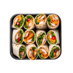 Mini chicken wraps in a lunchbox top view isolated on transparent background. Generative AI