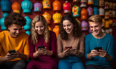 A line of young people, each engrossed in their phones, creates a scene of colorful tones. The vibrant hues reflect their digital engagement and the contemporary nature of communication.