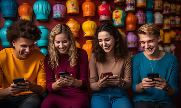 A line of young people, each engrossed in their phones, creates a scene of colorful tones. The vibrant hues reflect their digital engagement and the contemporary nature of communication.