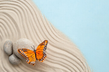 Naklejka na ściany i meble Marble stones with butterfly - calmness and harmony background. Maditation concept