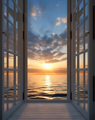 large open window overlooking the ocean with blue ocean