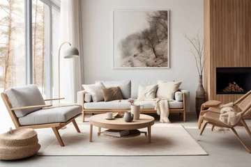 Poster Scandinavian style living room with natural furniture in a home interior setting. © 2rogan