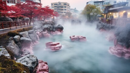 Yubatake Hot spring in the middle of Kusatsu Onsen town in Gunma, Japan generative ai