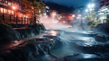 Yubatake Hot spring in the middle of Kusatsu Onsen town in Gunma, Japan generative ai - obrazy, fototapety, plakaty