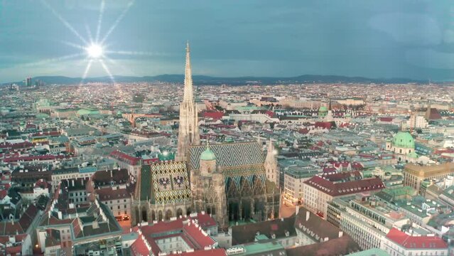 Vienna skyline aerial view drom sky, vienna austria cityscape, panoramic vienna city downtown church cathedralin old town.