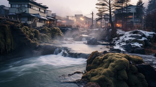 Yubatake Hot spring in the middle of Kusatsu Onsen town in Gunma, Japan generative ai