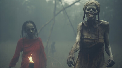 Female Voodoo Zombies Walk Through the Fog AI Generative