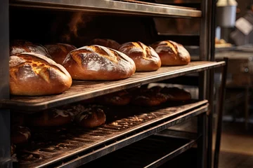 Schilderijen op glas Freshly baked bread on the shelf in bakery. Generative Ai © ArtmediaworX
