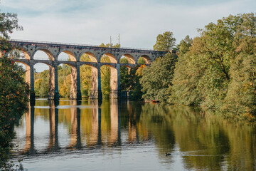 Railway Bridge with river in Bietigheim-Bissingen, Germany. Autumn. Railway viaduct over the Enz...