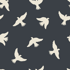 White birds on a black background form a seamless pattern for modern textiles, decorative wrapping paper. 