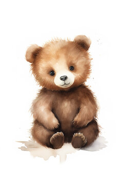 Little baby brown bear drawn in water paint style isolated on white background