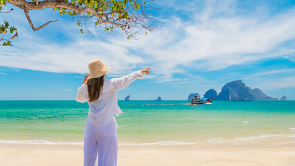Traveler woman on vacation exotic beach joy nature view scenic sunny day seascape, Attraction famous place tourist travel Krabi Phuket Thailand summer holiday trip, Tourism beautiful destination Asia