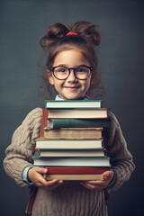 Adorable Smart Girl with Glasses and a Stack of Books against a Grey Background - AI generated
