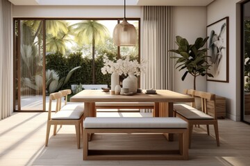 Fototapeta premium Contemporary dining room with wooden table, bench, and stylish decor.