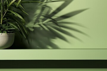 Modern minimal empty matte green counter table top, bamboo palm tree in sunlight, leaf shadow on green wall background. generative ai.