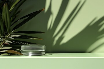 Modern minimal empty matte green counter table top, bamboo palm tree in sunlight, leaf shadow on green wall background. generative ai.