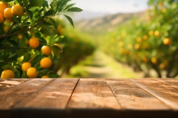 Empty wood table with free space over orange trees, orange field background. For product display montage. generative ai.