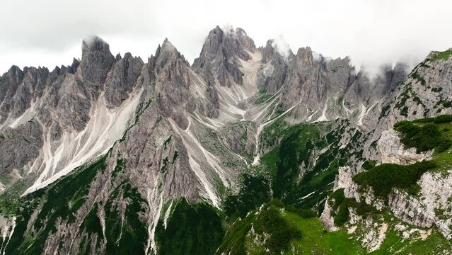 Aerial view Cadini di Misurina mountain group in Dolomites, Italy, part of Tre Cime di Levaredo national park and UNESCO world heritage site.