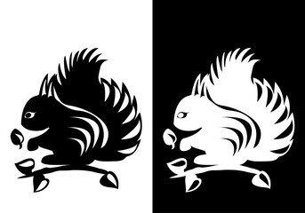 Black and white cute squirrels with acorns with black and white inserts on a branch on a black and white background
