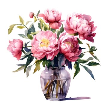 Peony in vase isolated on white background