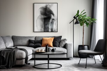 Scandinavian living room features a fashionable gray sofa, armchair, marble stool, black coffee table, modern art, decor, plant, and chic accessories.