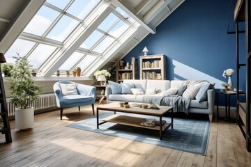 Wooden flooring in a loft style interior with blue and white hues.