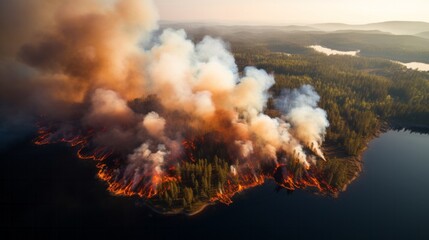 Photo of a thick smoke rising from a forest, creating a dramatic and alarming sight