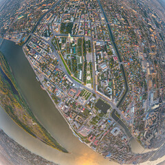 Astrakhan, Russia. Astrakhan Kremlin. Panorama of the city from the air in summer. Volga river....