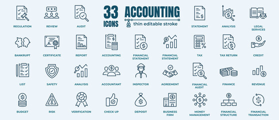 Accounting icon set. Containing financial statement, audit, financial report, invoice. Pixel perfect 64x64. Editable Strokes  - obrazy, fototapety, plakaty