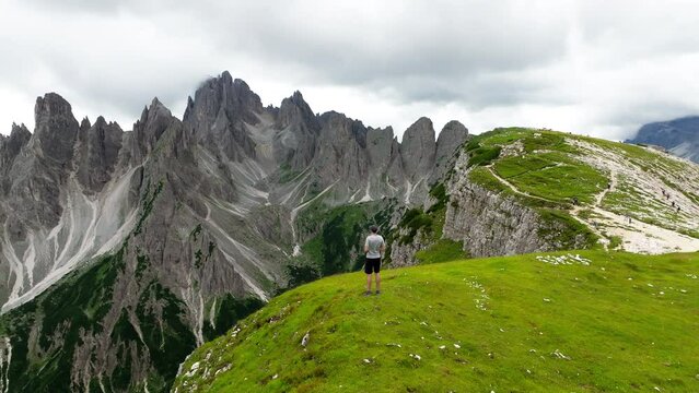 Aerial view Cadini di Misurina mountain group in Dolomites, Italy, part of Tre Cime di Levaredo national park and UNESCO world heritage site.
