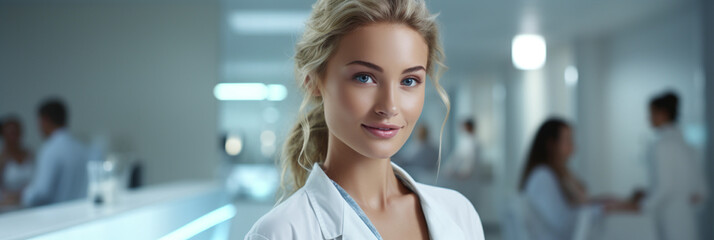 An image of a dedicated young female doctor consulting with a patient in an exam room, her stethoscope a visible symbol of her medical expertise, wide banner with copy space area Generative AI