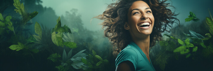 An image of a woman with a stylish hairdo indicating at an offer with a joyful smile, her expression complementing the deep forest green background, wide banner with copy space are Generative AI